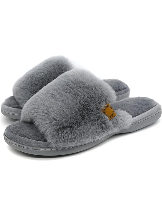 Shoes - Women's Grey Indoor Memory Foam Soft Faux Fur Nonslip Open Toe Slipper Shoes